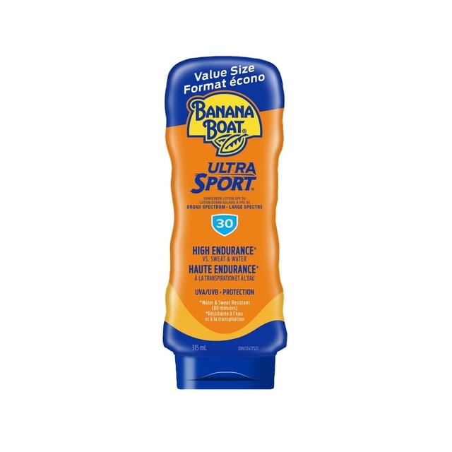 Banana Boat® sports Ultra SportTM Lotion Écran Solaire FPS 30 en Bouteille Compressible de 315 ml orange et Bleue à Haute endurance contre la Sueur et l'Eau, protection à Grand Spectre contre les UVA/UVB, et Formule Légère et Non Grasse Convenant aux de Plein Air Actifs et à la Résistance à l'Eau jusqu'à 80 minutes.