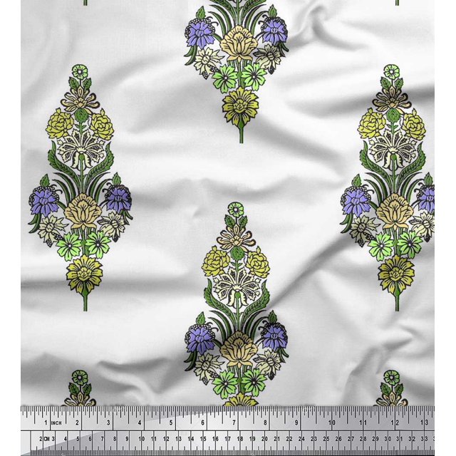 Soimoi Poly Georgette Fabric Leaves & Floral Block Print Fabric by Yard 52 Inch Wide