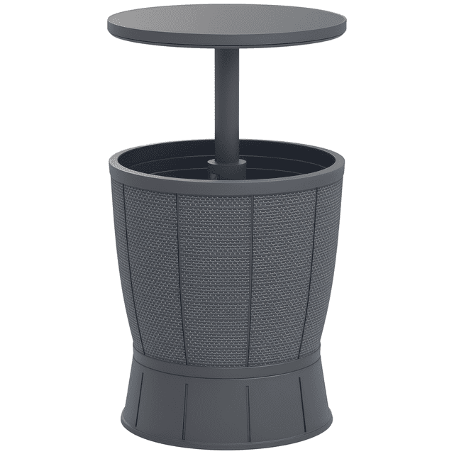 Outsunny Table de Bar Extérieur Frais, Table d'Appoint de Patio de 11 Gallons en Gris. Cette Conception 3-en-1 Fonctionne comme Table Froide, de cocktail et de Café. Comprend un Poteau Rétractable Réglable de 22,8 à 33 Pouces, une Capacité de 10,8 Gallons pour Garder les Boissons Fraîches jusqu'à 12 Heures, et un Bouchon de drainage Intégré pour un Nettoyage Facile. Fabriquée en Matériau PP Imperméable avec une texture de Style Rotin, Elle Supporte jusqu'à 110 Lb. Idéale pour les Rassemblements Extérieurs.