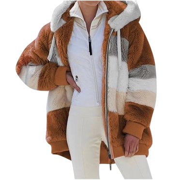 Trench-Coats pour Femmes à Manches Longues Vestes Décontractées d'Extérieur Vestes d'Hiver à Capuche pour Dames Veste Ample à Manches Longues Manteau en Peluche avec Fermeture Éclair Cardigans pour Femmes (Café, 4TG)