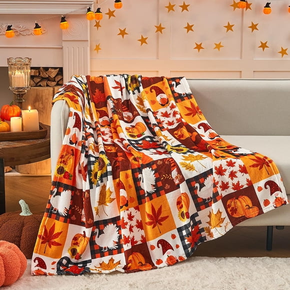 TopLLC Halloween Throw Blanket, 30"x40" Flannel Fleece Pumpkins Maple Checkered Plush Blanket, Soft Lightweight Skin-Friendly Fall Harvest Decorative Throw Blanket for Couch Sofa Bed Outdoor