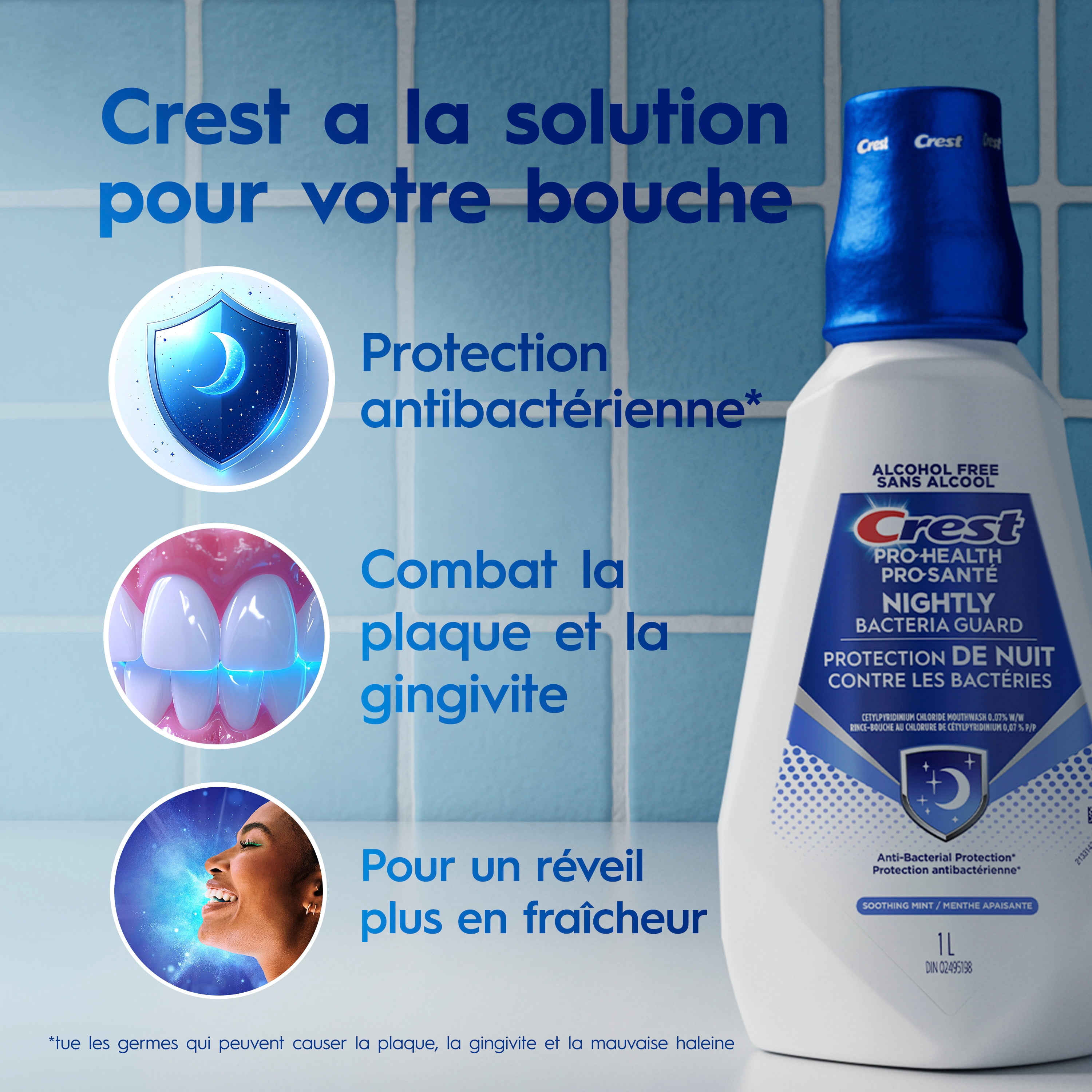 Rince-bouche Crest Pro-Santé Protection de nuit contre les bactéries, antibactérien pour une protection de nuit, sans alcool, antigingivite, antiplaque, Menthe apaisante, 1 L
