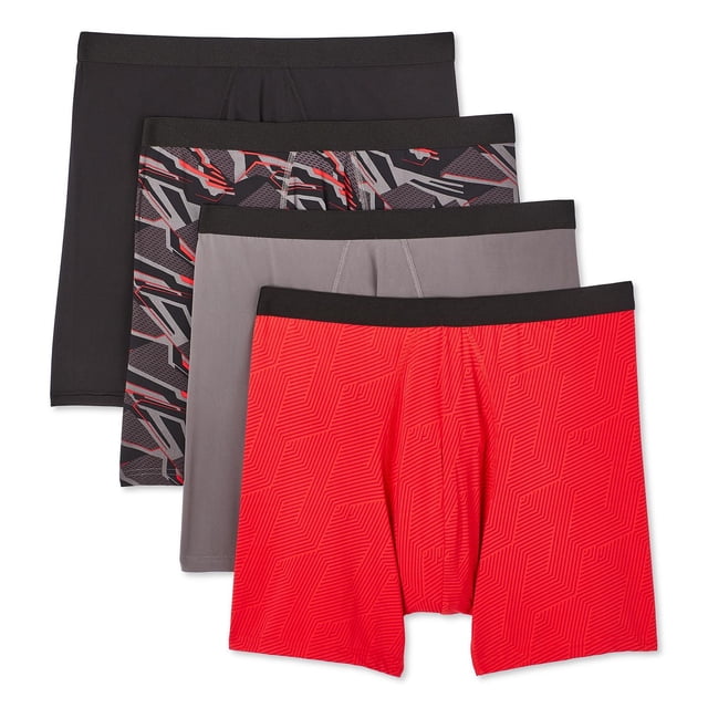 Athletic Works Men's Boxer Briefs 4-Pack showing four boxer briefs in assorted colours: solid black, black and red geometric pattern, solid grey, and red with a subtle geometric design. Each pair has a black elastic waistband and is made from breathable, stretch fabric with moisture-wicking and anti-odour technology, ideal for active or everyday wear.