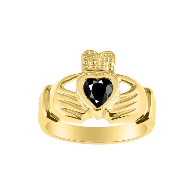 RYLOS Rings Gold Plated Silver Claddah Love, Loyalty & Friendship Heart 6MM Gem Irish Wedding Band Claddagh Rings October Onyx Jewelry Size 10