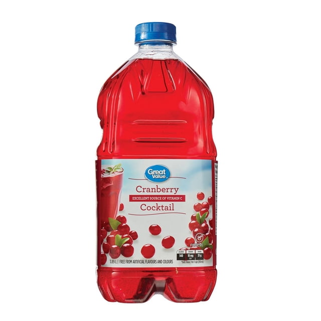 Great Value Cranberry Cocktail 1.89 L plastic bottle with blue screw cap, filled with red cranberry juice blend, label showing cranberries and vitamin C source, free from artificial flavours and colours, often used for fruity punches and decorative ice cubes at parties.