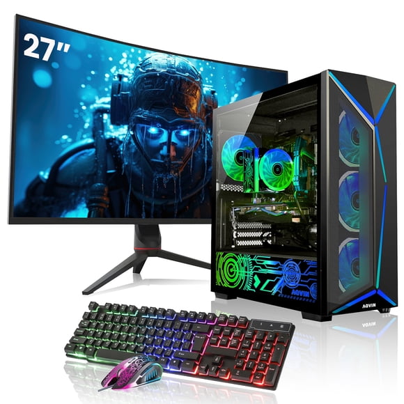 Gaming PC Tower - GeForce RTX 3050 6GB, Intel Core i7, 32GB RAM, 512GB SSD, Windows 11 Pro + 27" Curved Monitor - Refurbished