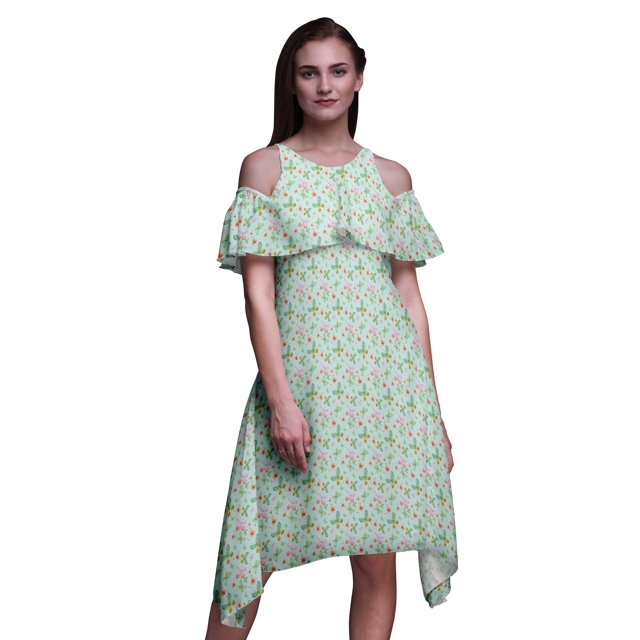 Bimba Robe Midi Tunique de Fête pour Femmes à Épaules Dénudées, Imprimé Papillon, Manches Volantées - Très Petit