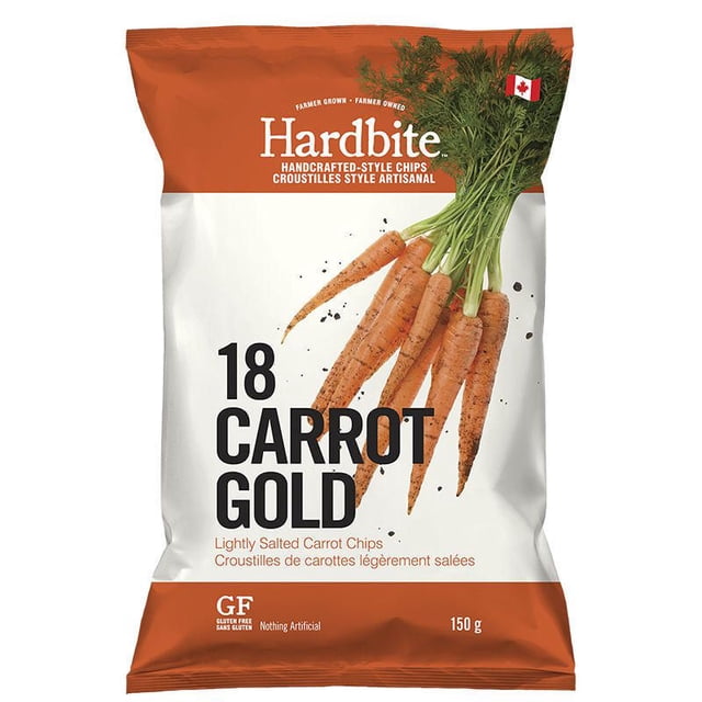 Hardbite Chips Hardbite 18 Carrot Gold Handcrafted-Style Lightly Salted Carrot Chips bag with orange and white packaging featuring fresh carrot bunch illustration, gluten-free and no artificial ingredients labels, Canadian flag, and 150 g weight, often used as a natural vegetable snack alternative.