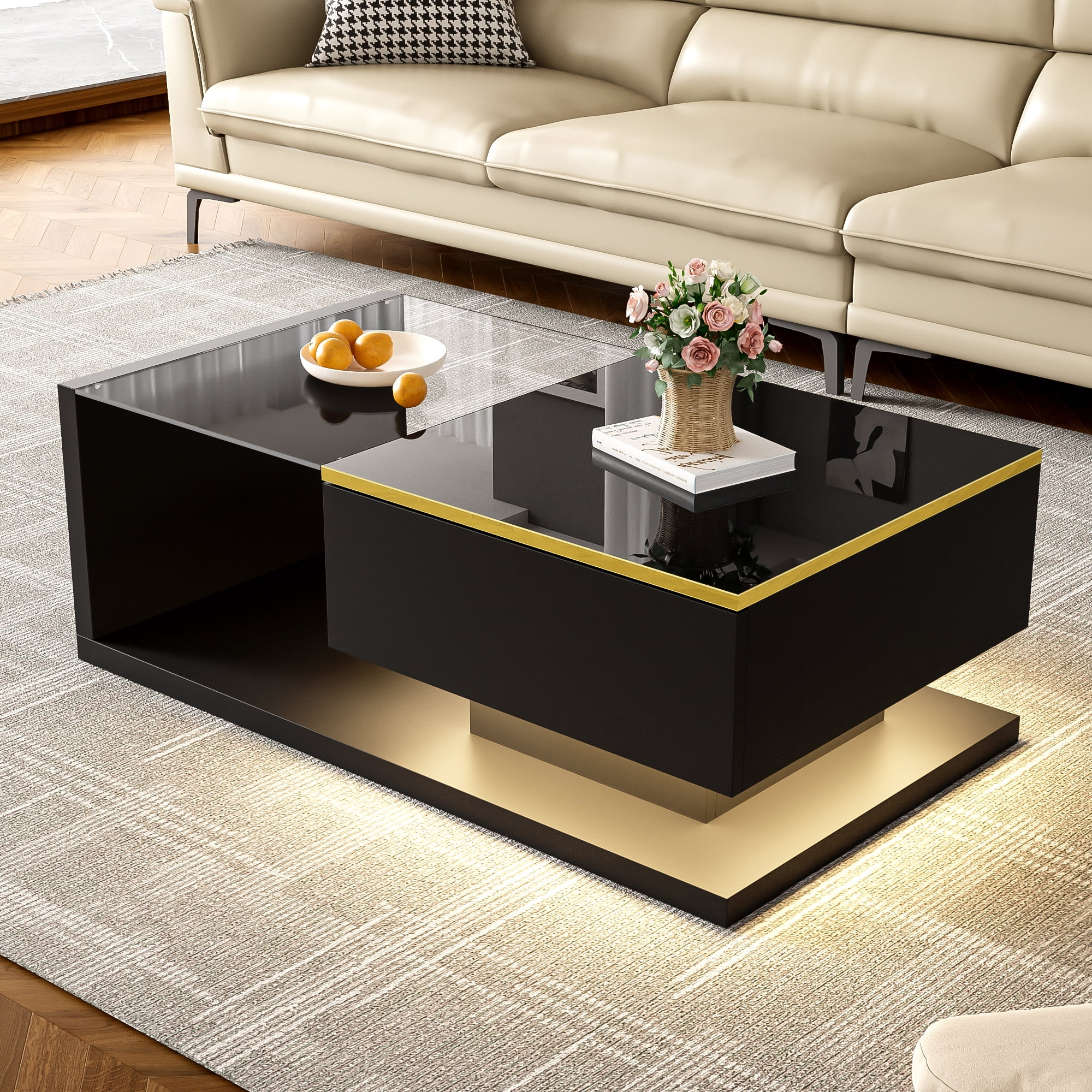Noble House 39.4" High-Gloss Black Coffee Table, Tempered Glass with Dimmable LED, Storage Compartment & Open Shelves,Black