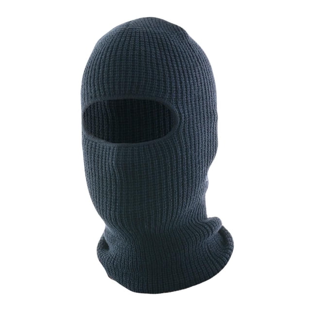 WINTER HARD HAT LINER knitted acrylic balaclava in dark color with one large eye opening, designed to provide winter warmth and protection under a hard hat, shown front-facing on a white background, suitable for cold weather work environments.