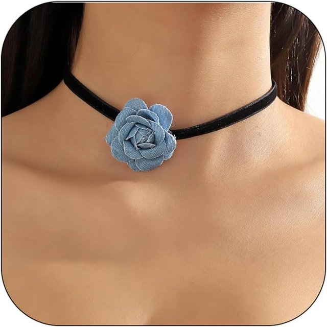 LinYooLi Collier Ras du Cou Fleuri pour Femmes Collier Gothique Floral à Lacets Collier Rose Long Collier en Velours pour Mariage Fête d'Été