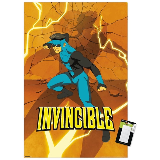 Invincible : Saison 3 - Affiche Murale Teaser d'Un Complet Bleu Représentant un Superhéros en Complet Bleu et Noir Accroupi sur un Sol orange Fissuré avec des Fissures Éclair Lumineuses, avec un Texte Jaune « Invincible » Audacieux au Bas, Imprimée sur Papier d'Affiche Lustré avec Supports Adhésifs pour une Présentation Murale Facile, Convient à la Déco de la Maison Ou à la Décoration de Fête.