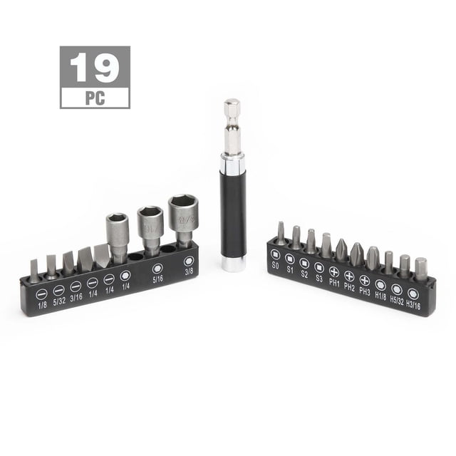 WorkPro Magnetic Drive Guide Set - 19 Piece featuring two black bit holders with labeled slots for slotted, Phillips, square, hex bits, and nut drivers made of chrome vanadium steel, plus a 3-inch magnetic bit drive guide with quick release 1/4-inch hex shank, arranged on a white background, ideal for use with drill and impact drivers.