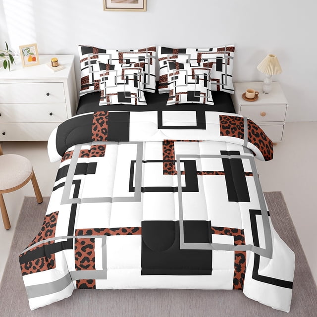 YST Ensemble de Douillette Moderne 7 Pcs Simple, Ensembles de Literie à Imprimé Guépard pour Femmes, Lit dans un Sac Abstrait Mi-Siècle, Ensembles de Lit Réversibles Noir Blanc avec Drap Plat et Drap-Housse, Couvre-Oreillers