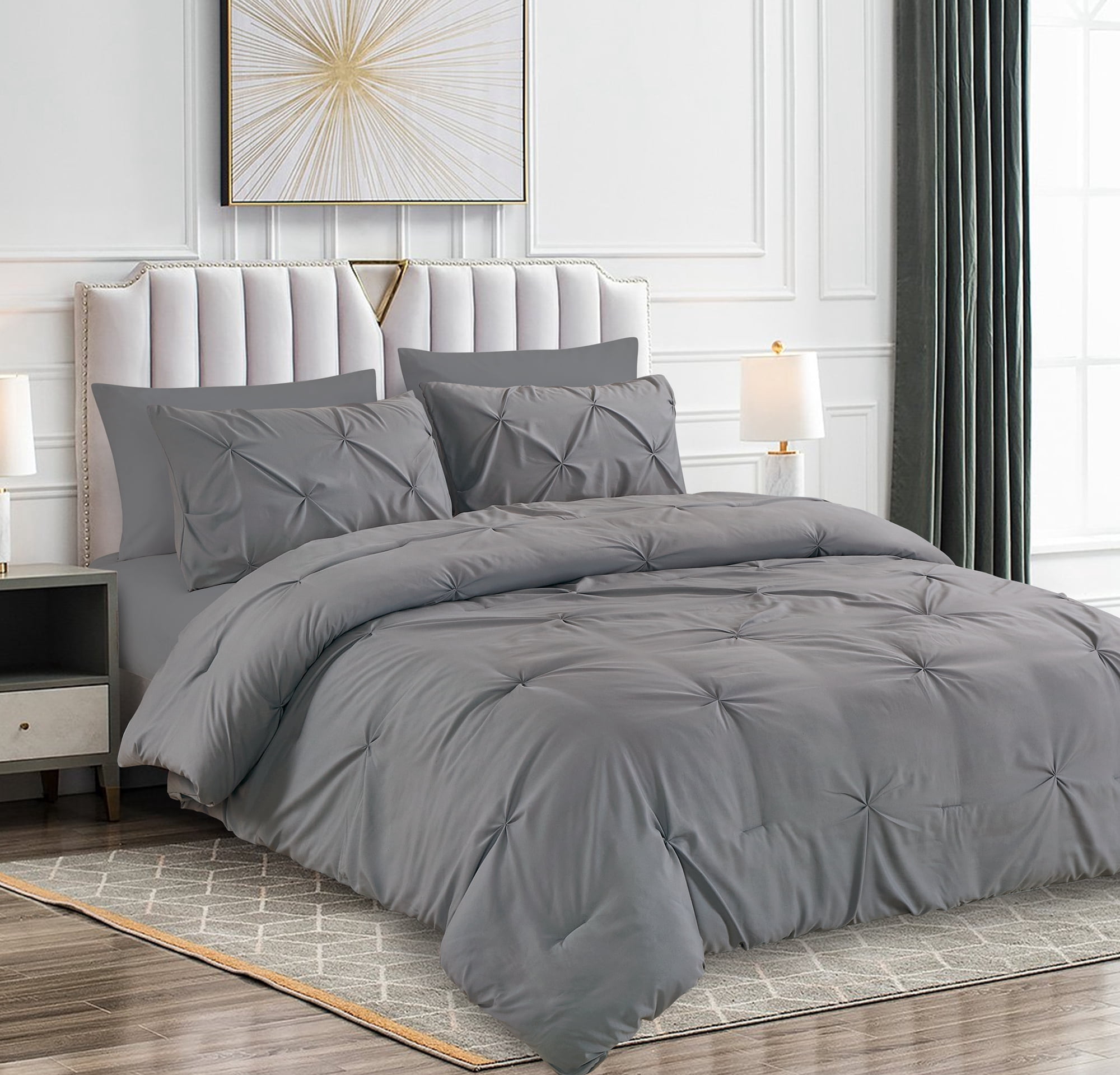 Literie Marina Décoration ultra douce et luxueuse en duvet d'oie, motif géométrique uni, capitonné et plissé, avec taies d'oreiller à volants, gris