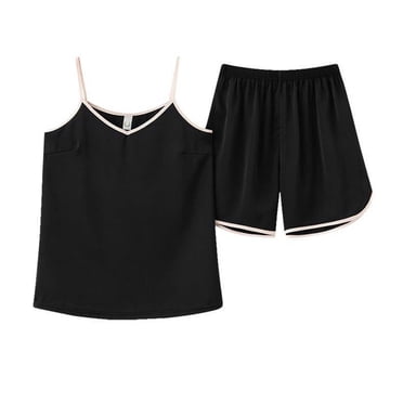 VOAVEKE Womens Pajamas,Summer Pajamas for Women Set,Women's Home Clothing Fashion Breathable Solid Color Suspender Pajamas Set Black XL