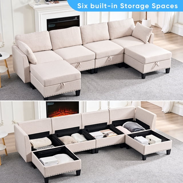 Puremind Canapé Sectionnel Modulaire 6 Pcs avec Ottoman Mobile en Tissu de Lin beige, Présentant un design en Forme de U/L avec six Espaces de Rangement Intégrés. Ce Canapé-Lit convertible Comprend des ottomans Détachables Pouvant Servir de Siège Supplémentaire Ou de table Basse. Idéal pour les Meubles de Salon, Il Est Exposé dans un Cadre Moderne avec un Foyer et une Déco Neutre.