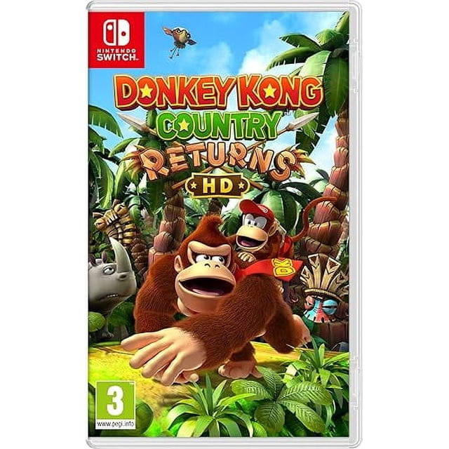 Donkey Kong Country Returns HD - UK version for Nintendo Switch. The game cover shows Donkey Kong and Diddy Kong in a colorful jungle environment with tropical plants, a rhino, and Tiki Tak Tribe enemies. This 2D platformer features 80 levels across nine worlds, HD visuals, and extra levels from the Nintendo 3DS version. Includes solo and two-player local play with Joy-Con controllers.