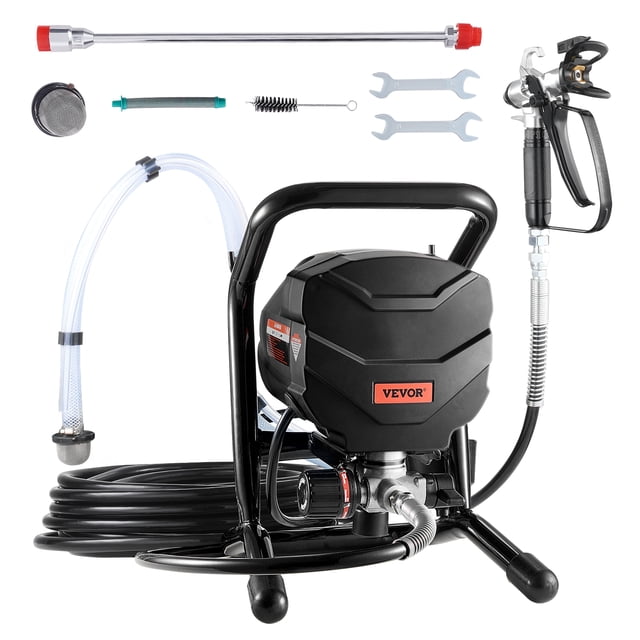 VEVOR Stand Airless Paint Sprayer Electric Paint Sprayer Machine with 650W motor and 3000PSI pressure. Features a black all-metal frame, a detachable pump, and a 25 ft high-pressure hose. Includes a 517 nozzle, 30 cm extension rod, cleaning brush, and other accessories. Ideal for home improvement, industrial painting, and DIY projects. Designed for use with water-based or oil-based paints.