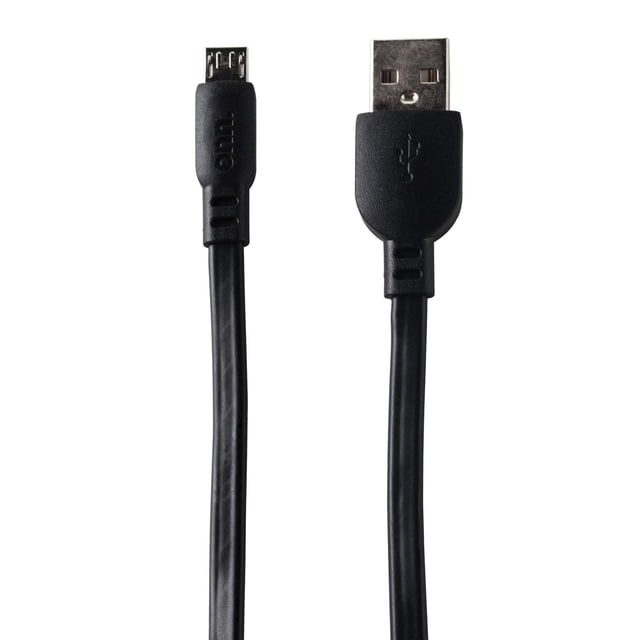 Onn. 4 ft./1.2 m USB-A to Micro USB Charge & Sync Cable with black USB-A and Micro USB connectors shown front-facing on white background. The cable supports charging and data transfer for smartphones, tablets, and select PC and Mac peripherals, often used for syncing devices.
