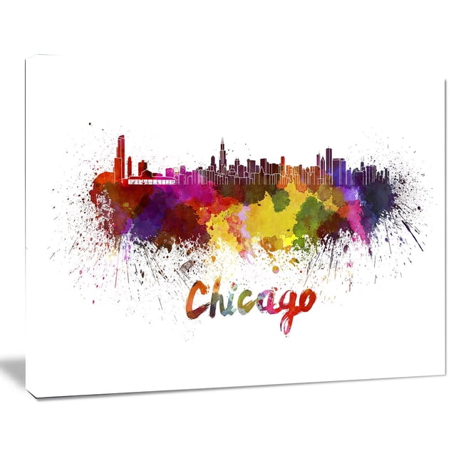 Design Art Chicago Skyline Canvas Print on gallery wrapped cotton canvas showing a black silhouette of Chicago's skyline with Willis Tower above a vibrant watercolor splash in red, purple, yellow, and green, with 'Chicago' in colorful script below, ready to hang with included hardware.