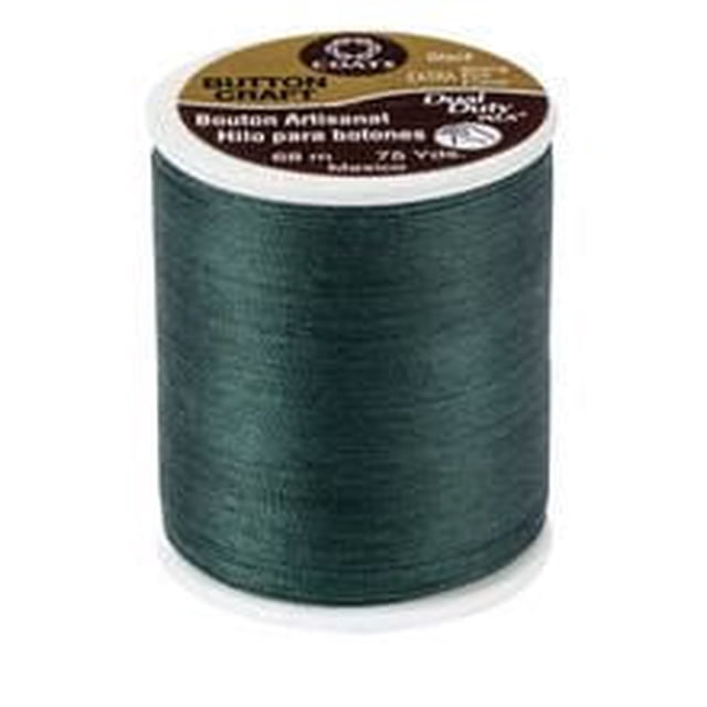 Coats & Clark Dual Duty Extra Strong Button & Craft Thread spool in dark green, made of 74% polyester and 26% cotton with a polished glacé finish to prevent tangling and abrasion, thread weight #10 suitable for heavy-duty hand sewing, button sewing, and craft projects.