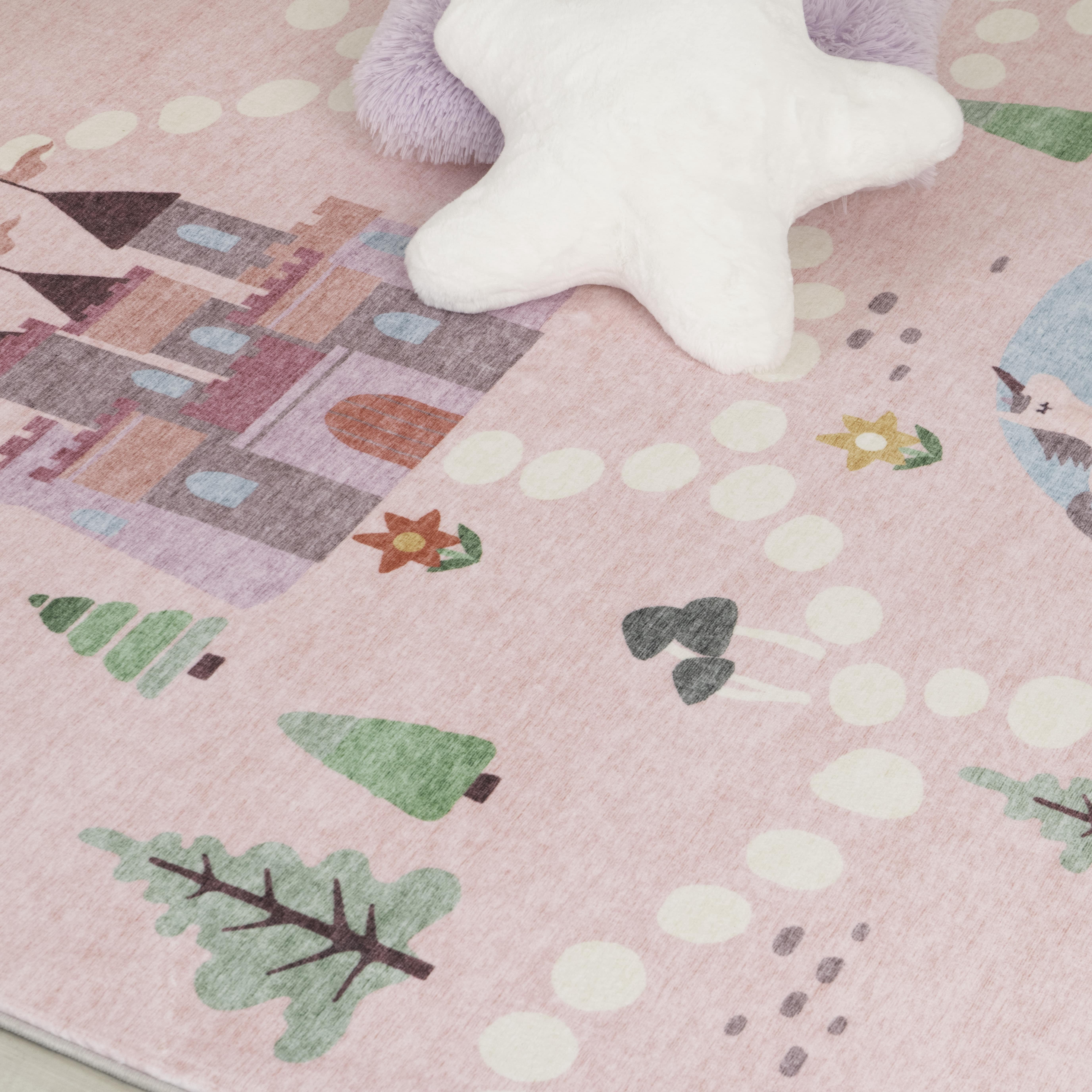 Rug Branch Soft Steps Playtime Licornes, Chateau, Carte routiere, Tapis educatif doux, Rose Blanc - Garcons et filles dans la salle de jeux, la creche, la chambre