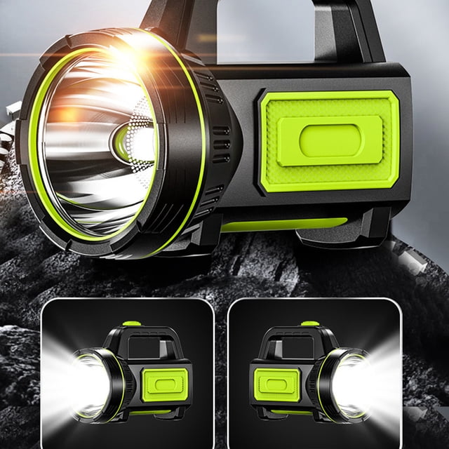 Meitianfacai Portable Rechargeable LED Flashlight, a multifunction outdoor camping lantern with a strong light and waterproof design. The flashlight features a durable black and neon green plastic body with a large front-facing LED spotlight. It includes high/low modes and a flashing light for versatile illumination, suitable for camping, hiking, and emergencies. The lantern doubles as a power bank with a 1500 mAh battery capacity and USB charging capability. Compact and portable with a handle for easy carrying or hanging. Maximum range of 100-200 metres.