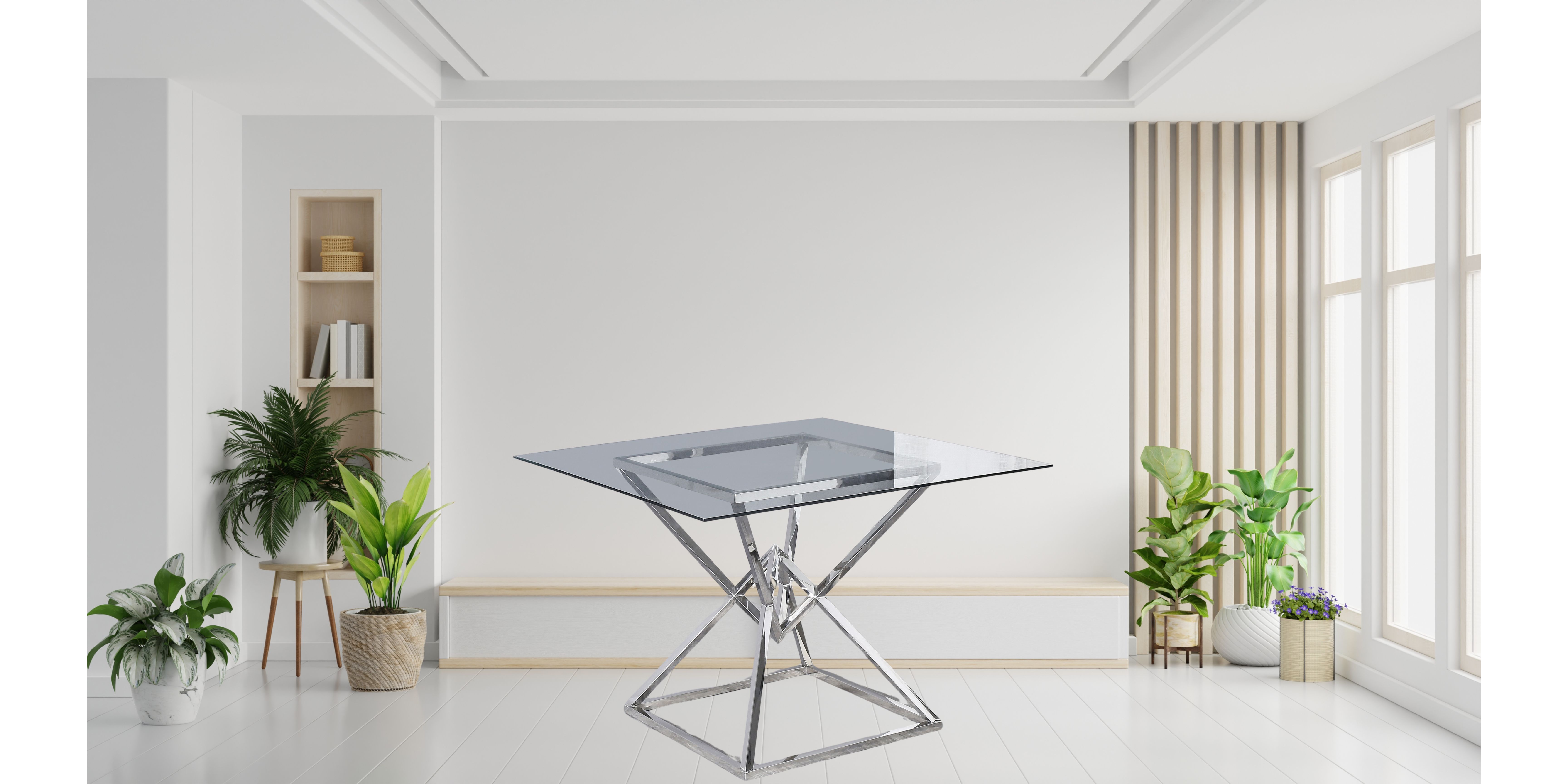 K-Living Juliet Tempered Glass Dining Table with Chrome Stainless Steel Base