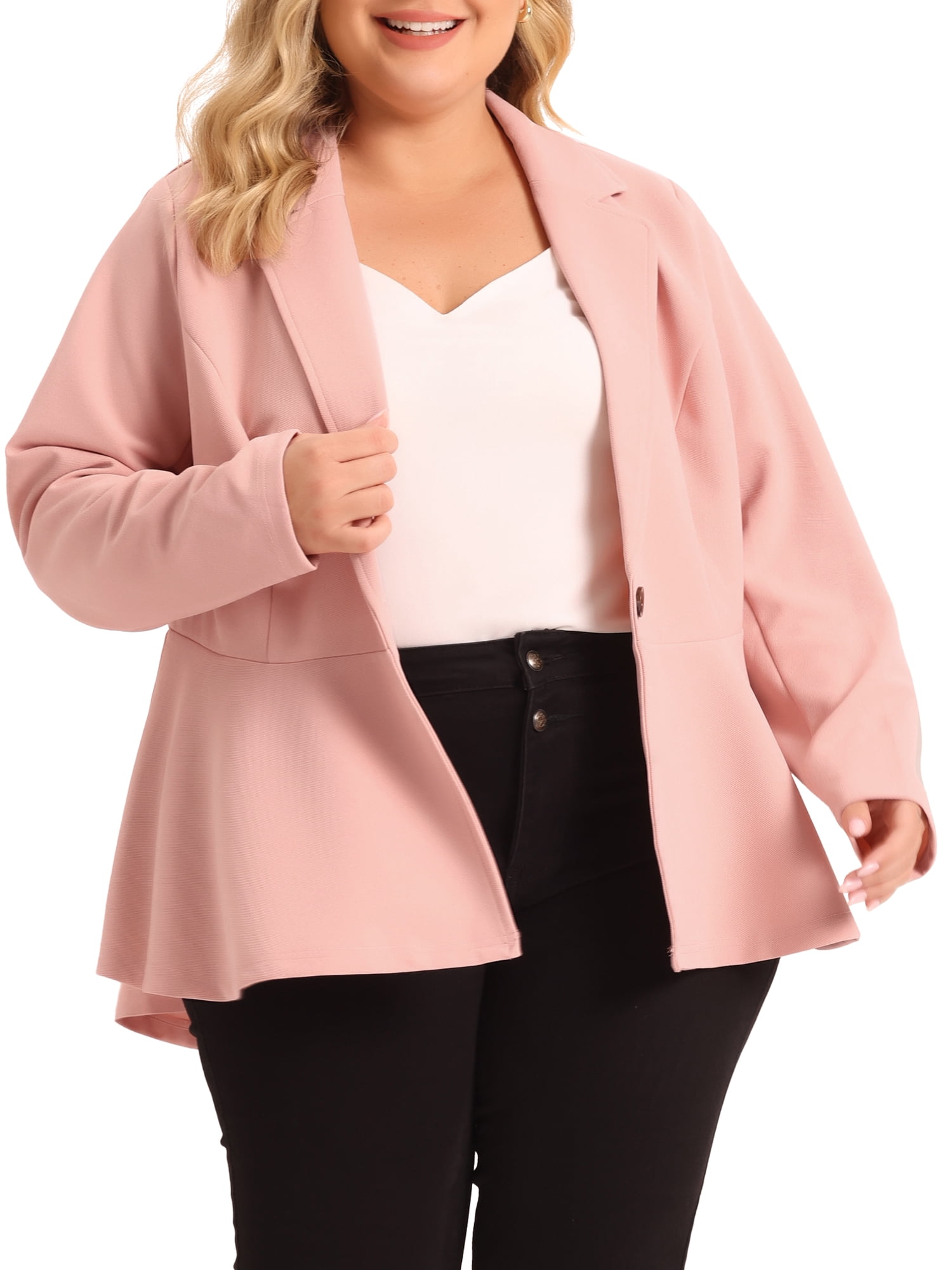 Agnes Orinda Women's Plus Size Blazer Button Notch Panel Ruffle Peplum Blazers 3X Light Pink