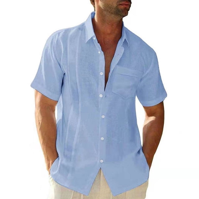 Wweixi Men's Button Down Shirt Boys Summer Pool Party Beach Walking Solid Color Simple Design Tops Daily Working Clothes Light Blue L