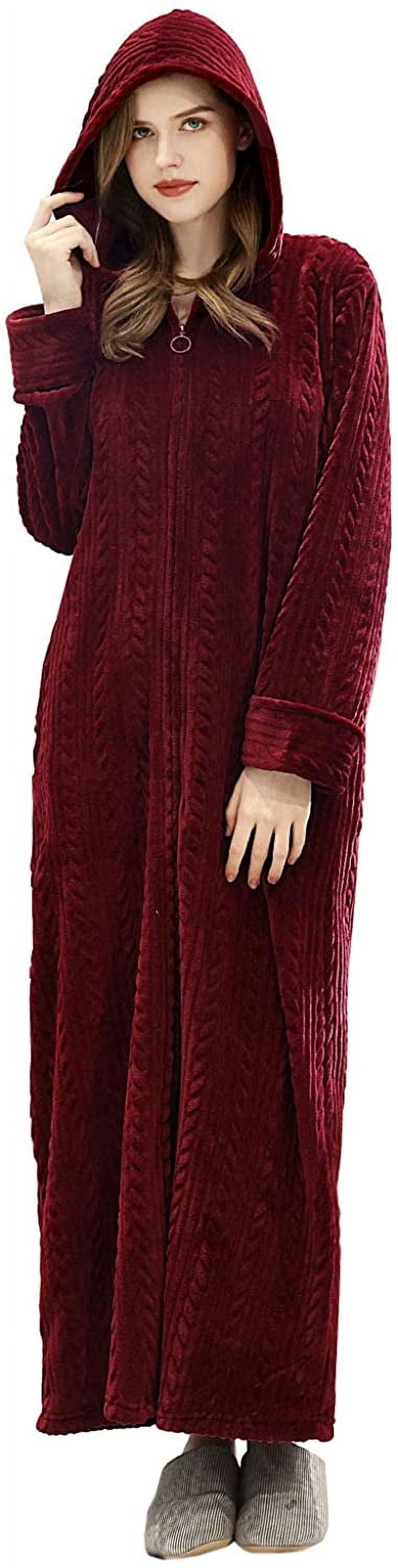 Womens Robe Long Zipper Front Hooded Full Length Housecoat Sleepwear for Ladies