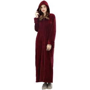 Femmes Robe longue Zipper Avant Capuche Full Longueur Coat Vêtements de nuit pour femmes