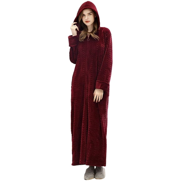 Womens Robe Long Zipper Front Hooded Full Length Housecoat Sleepwear for Ladies