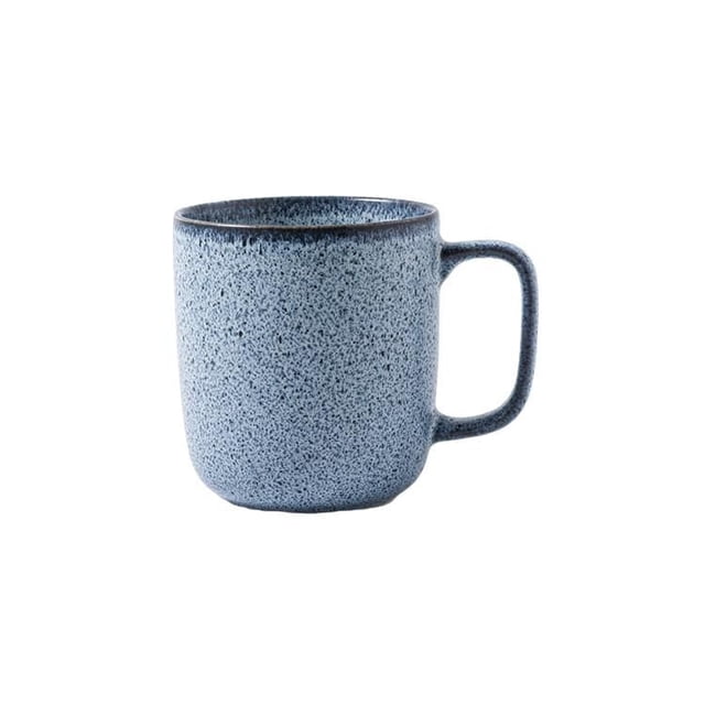 Home Trends Stoneware Blue Speckle Mug with a muted grey-blue speckled stoneware surface and reactive glaze, featuring a rounded cylindrical shape and large handle, dishwasher and microwave safe, suitable for coffee, tea, or as a small planter.