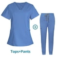 thumbnail image 2 of Ensemble de Sarraus pour Femmes, Haut de Sarrau à Col en V Extensible et Pantalon Jogger à Cordon avec 7 Poches, Anti-Froissement, Doux, Ensemble d'Uniforme d'Infirmière à Manches Courtes, Ensemble de Chemise d'Uniforme de Travail, Bleu Ciel, 2 of 5