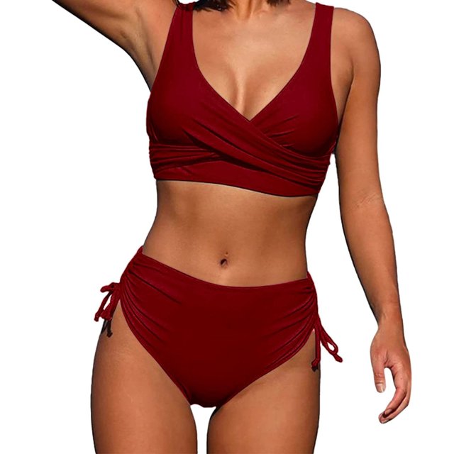 Pisexur High Waisted Swimsuits for Women Two Piece Monokini Swinsuit Halter V Neck Backless Bikini Sets Ruched Full Coverage Bottoms Bathing Suit