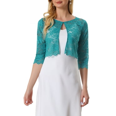 INSPIRE CHIC Women's Cardigan Open Front 3/4 Sleeve Sheer Floral Lace Cropped Shrug Top XS Malachite Green