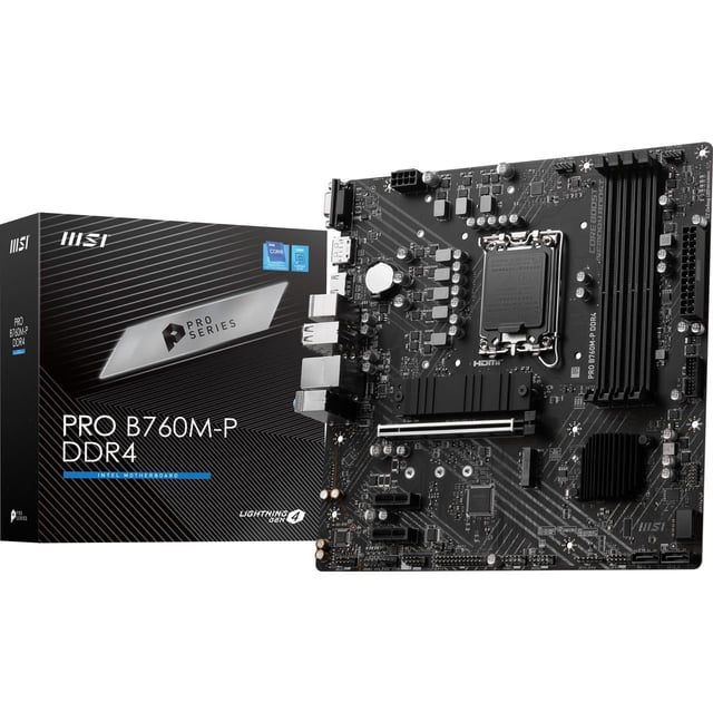 MSI PRO B760M-P DDR4 LGA 1700 Intel B760 SATA 6Gb/s Micro ATX Motherboard displayed alongside its retail packaging. The motherboard features a multicolour design with PCIe 4.0 slots, DDR4 memory support, and an LGA 1700 socket compatible with 12th and 13th Gen Intel Core processors. Key highlights include USB 3.2 Gen 2 Type-C, PCI-E Steel Armor, EZ Debug LED, Frozr AI cooling, and Audio Boost for enhanced performance and stability.
