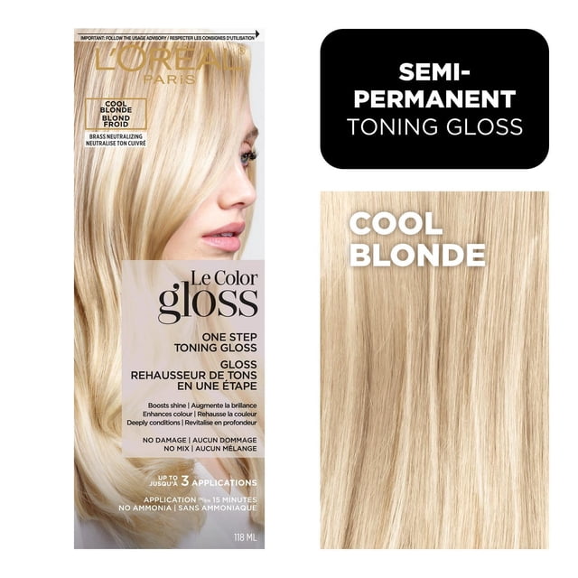 L'Oréal Paris Le Color Gloss One Step Hair Gloss in Cool Blonde, a semi-permanent toning gloss that boosts shine, enhances colour, and deeply conditions hair without ammonia or damage, suitable for up to 3 applications, shown with a Cool Blonde hair colour swatch, 118 ml.