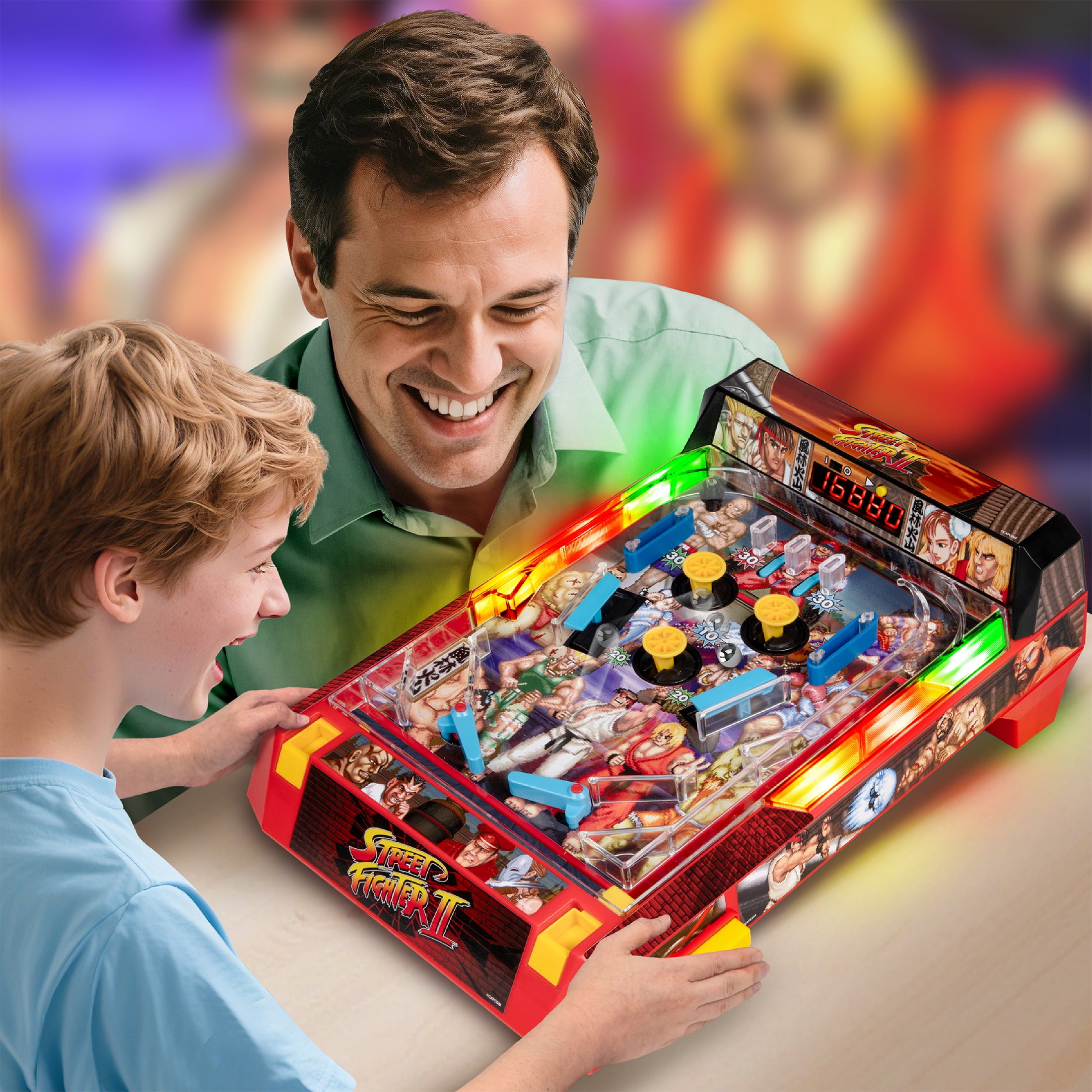 Flipper électronique STREET FIGHTER II avec bumpers vibrants et tableau de score LED, jeu de table pour la famille et les enfants, dès 6 ans.