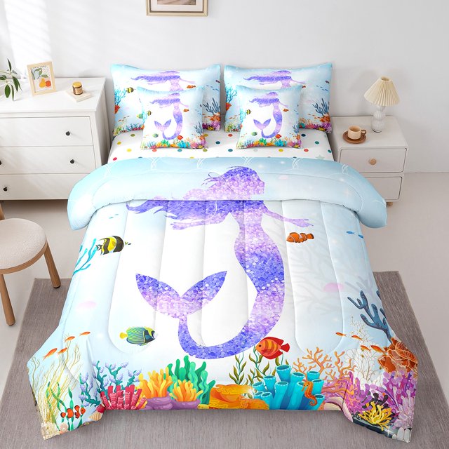 Little Mermaid Ensemble de Douillette 7 Pcs Lit Tout-en-un Simple, Ensembles de Literie Poissons de l'Océan Ensemble de Draps Animaux Marins de Rêve avec Douillette