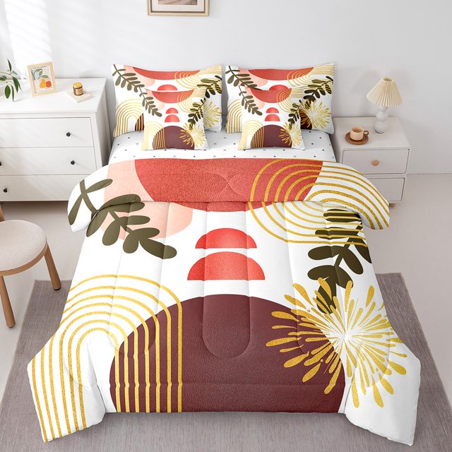 Ensemble de Literie Boho Mi-Siècle Tout-en-un pour Grand Lit, Ensemble de Couette 7 Pcs, Ensembles de Literie Géométriques Abstraits, Ensemble de Draps Art Linéaire Géométrie Moderne Minimaliste et Simpliste, Déco de Chambre à Rayures Ombrées Circulaires, Rouge Brun