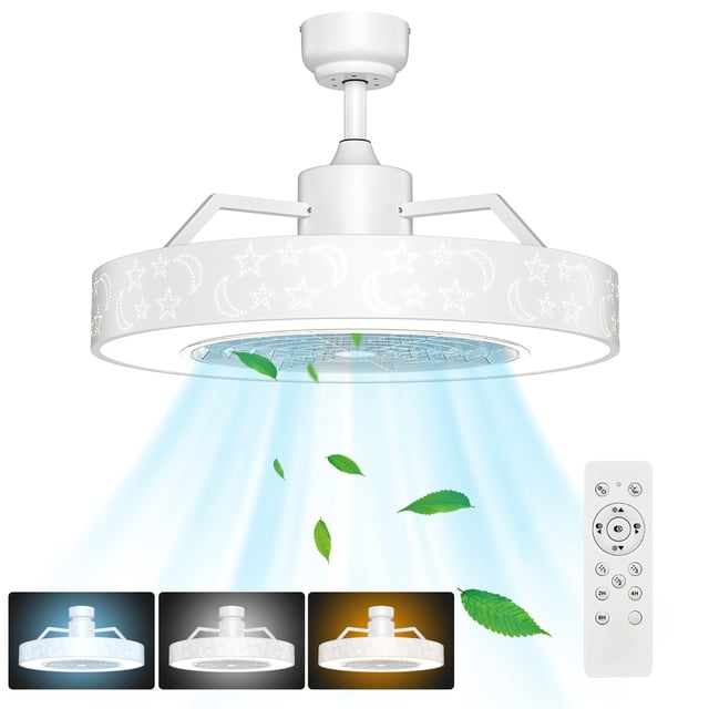 Costway Ventilateur de Plafond 23 Pouces avec Lumière DEL et Abat-Jour Étoilé Ajouré en Blanc. Ce Ventilateur de Plafond Moderne Offre des Températures de Couleur Ajustables (Chaude, Naturel, Blanc) et une Technologie de Gradation Continue. Comprend Trois Pales de Ventilateur Cachées, Trois Vitesses de Vent et un Moteur Silencieux avec Fonction de Minuterie. Télécommande pour Plus de Commodité, Idéal pour Salons, Chambres et Salles à Manger.