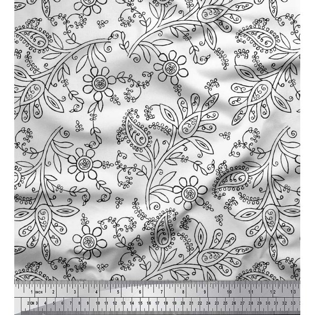 Soimoi Moss Georgette Fabric Leaves & Floral Block Print Fabric by Yard 42 Inch Wide