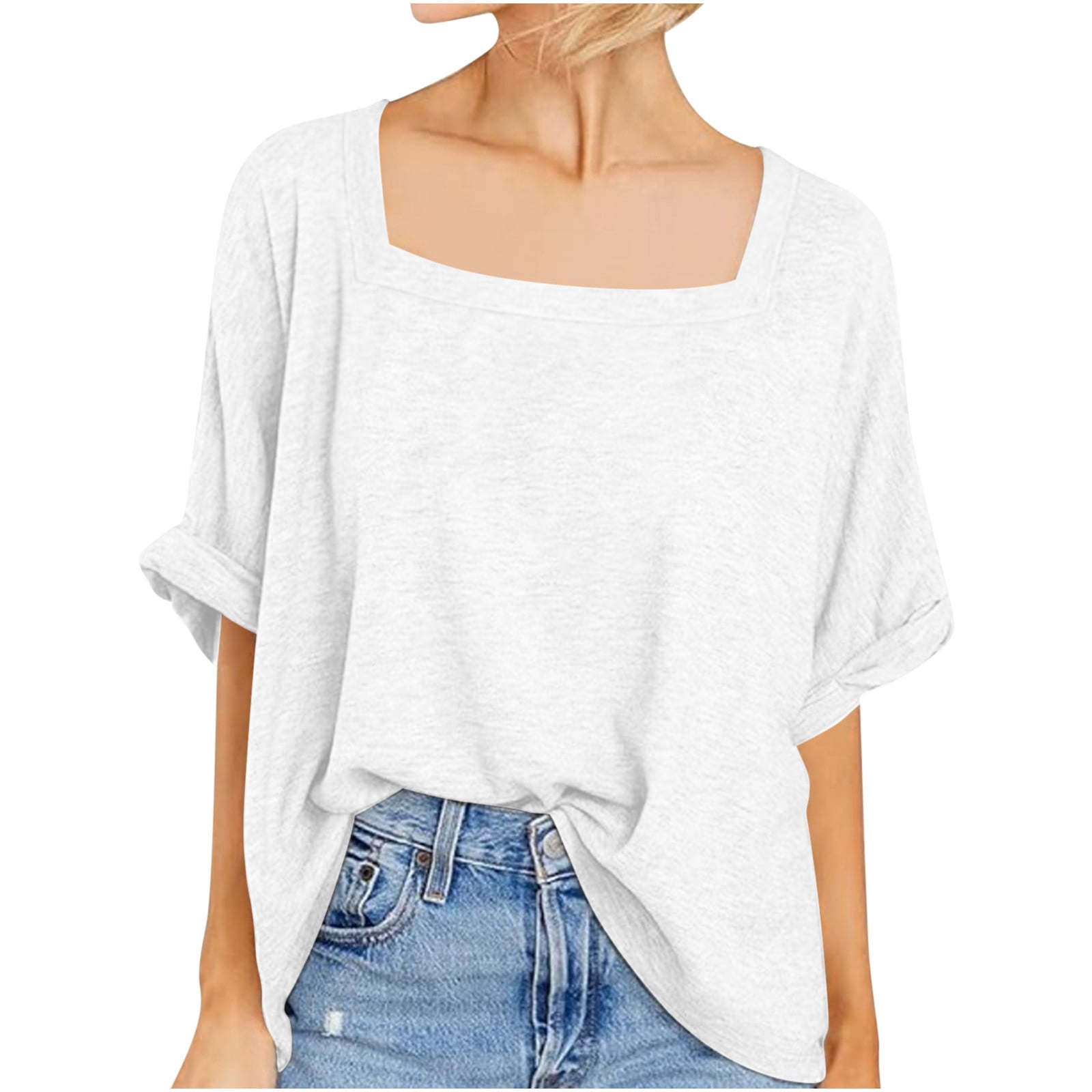 Timegard Womens Tops Square Neck Short Sleeve Comfy Casual Loose Top Basic T Shirt Oversized Blouse