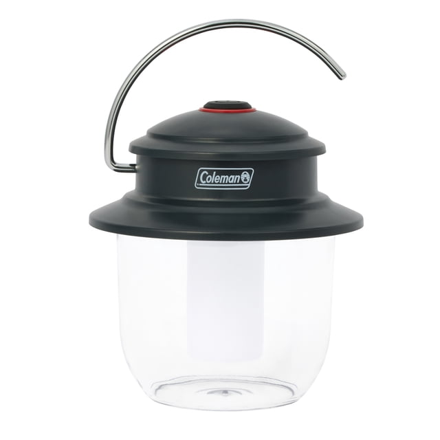 Coleman Classic Recharge 400 Lumen LED Lantern with black impact-resistant plastic top and clear base, featuring a curved silver metal bail handle and Coleman logo, rechargeable with built-in lithium-ion battery, ideal for camping and outdoor lighting.