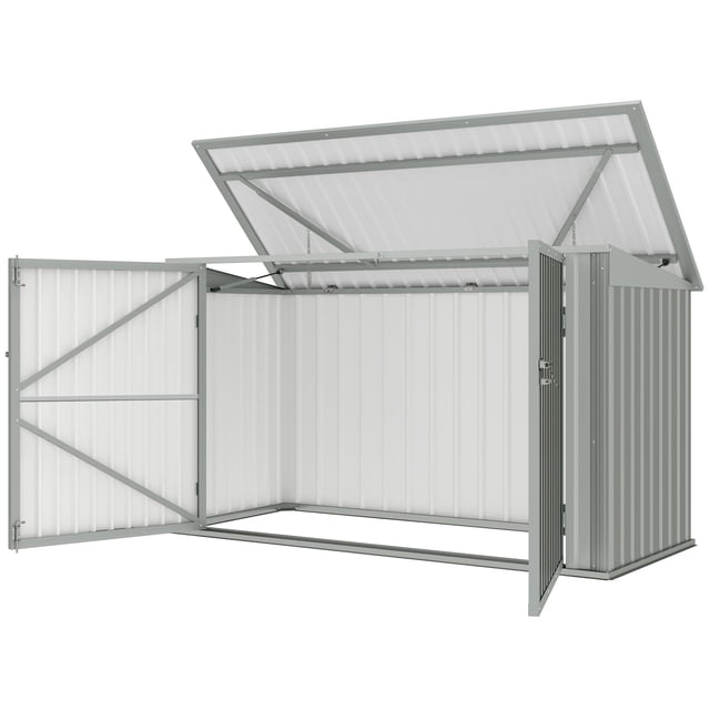 CoSoTower 7.6 x 3.4ft Outdoor Storage Shed, 3 Garbage Bin Shed Organizer with Lockable Double Doors, Openable Lid, Silver Grey