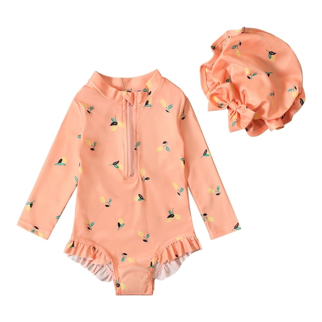 DecSea Baby Girls Cute One Piece Swimsuit UPF 50+ Floral Print Zipper Long Sleeve Ruffled Swimwear Bathing Suit