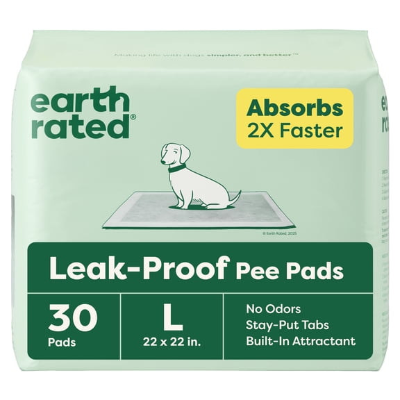 Earth Rated Leakproof Pee Pads for Dogs and Puppies, 2X Faster Absorption*, Unscented, L, 22x22 in., 30 Pads